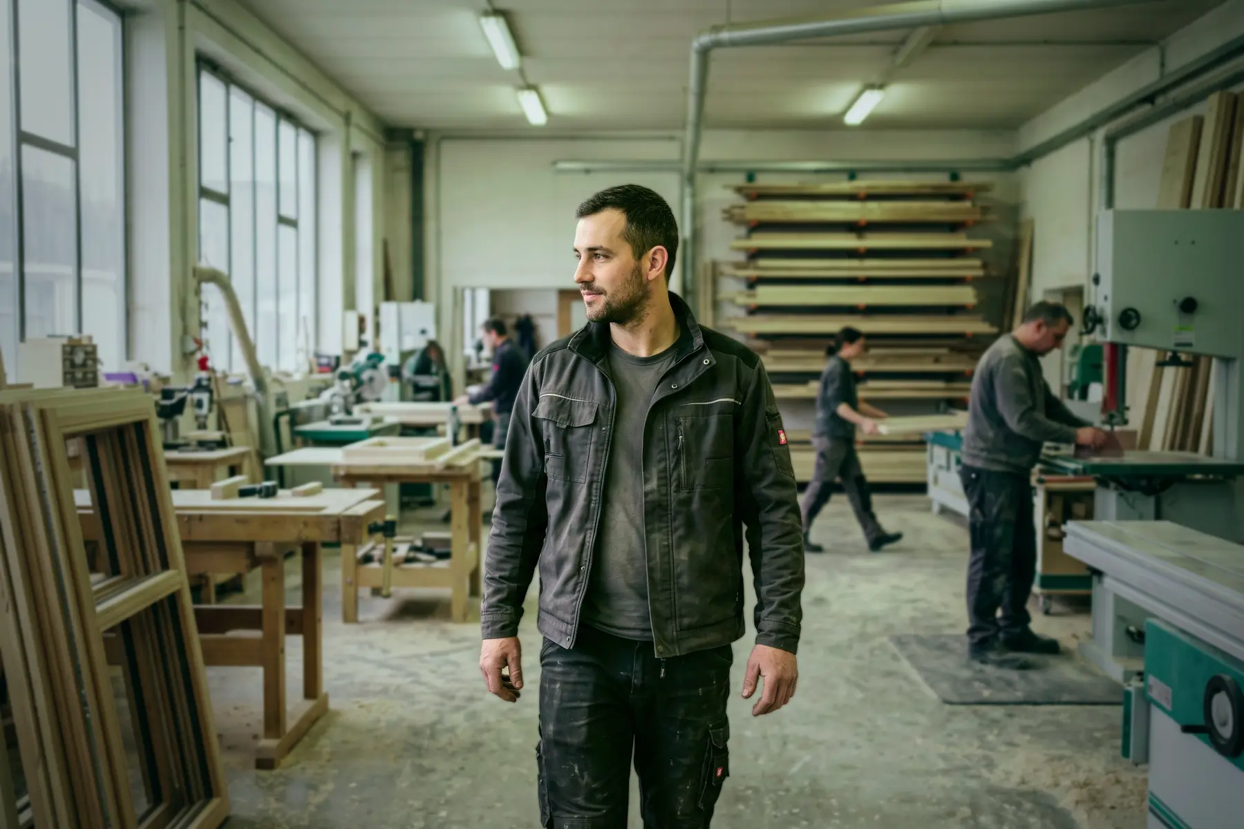 Inhaber eines Handwerksbetriebs in seiner Werkstatt, im Hintergrund arbeitet das Team