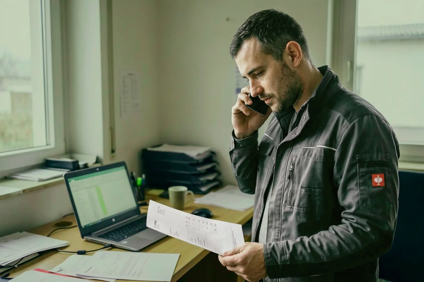 Handwerksunternehmer am Telefon, prüft im Büro ein Angebot